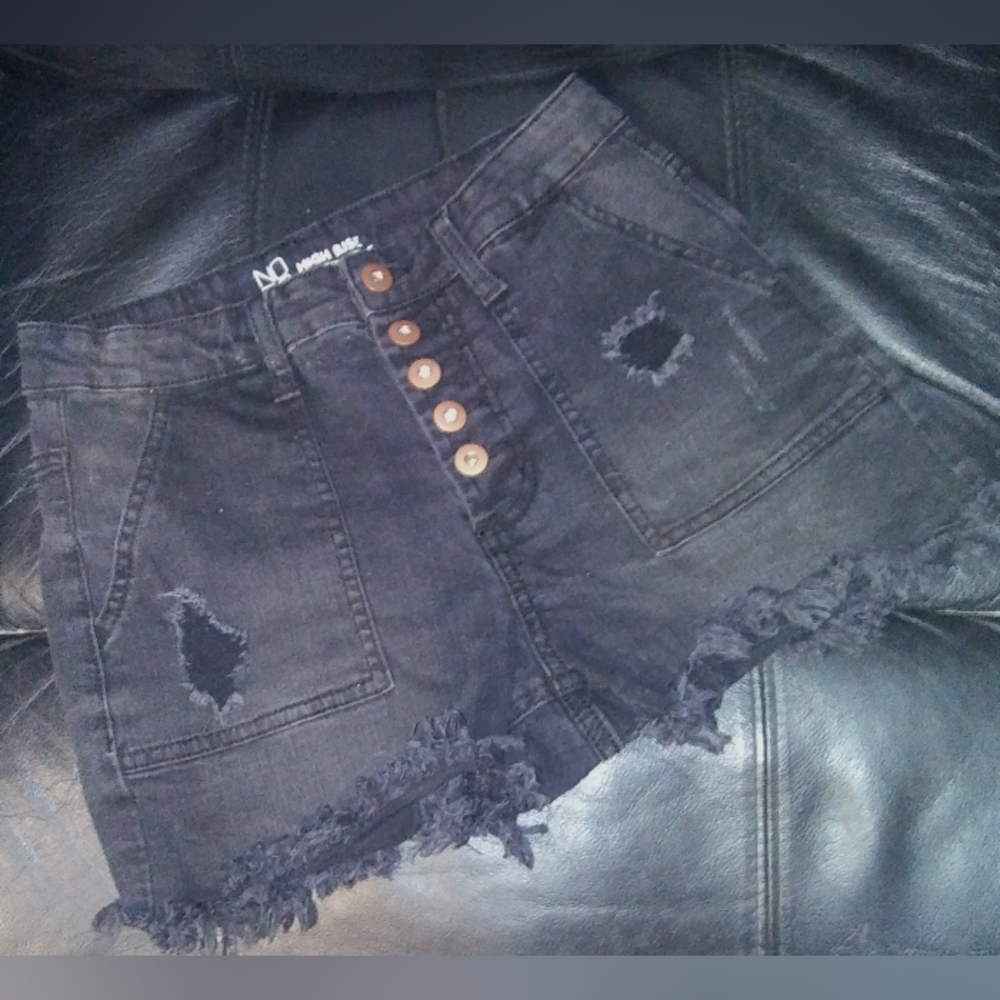 "NOBO" Women's High Rise Distressed Button Fly Stretchy Black Denim Short Shorts